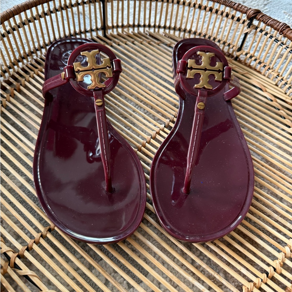Tory Burch Deep Red Sandals with Gold Logo